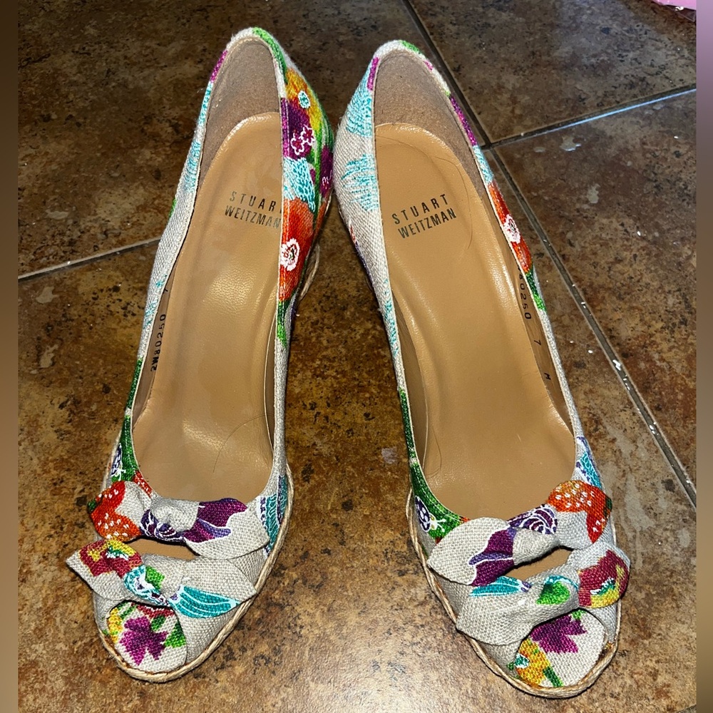 Stuart Weitzman Colorful Floral Peep-Toe Heels